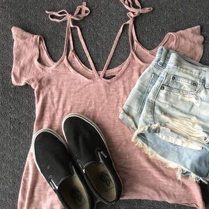 Light pink cold shoulder tie top